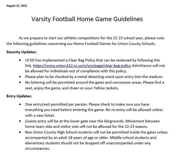 Varsity Football Home Game Guidelines